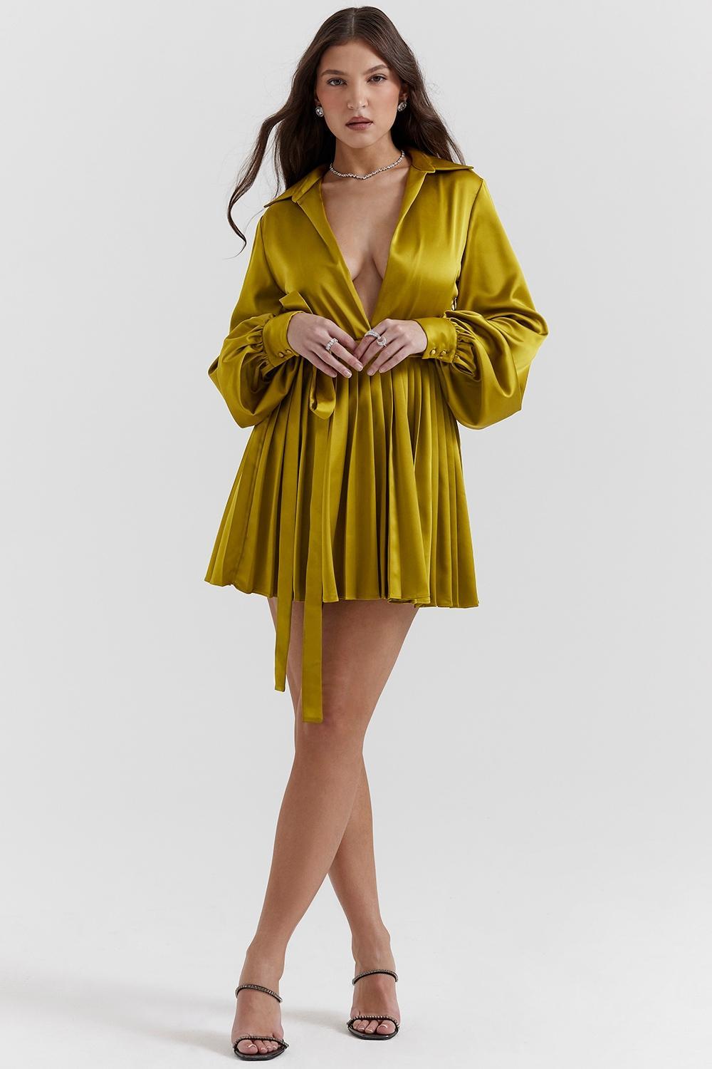 Allegra Chartreuse Pleated Shirt Dress Product Image