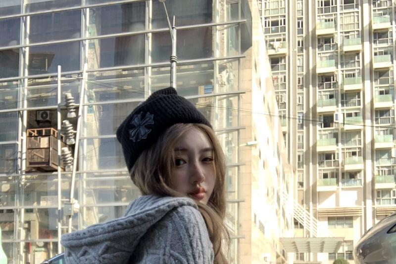 Plain Hooded Cable-Knit Zip Cardigan / High Waist Hot Pants Product Image