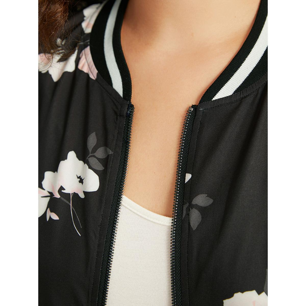 Plus Size Floral Contrast Trim O Ring Zipper Jacket Women Black Elastic cuffs Dailywear Jackets BloomChic 14-16/1X Product Image