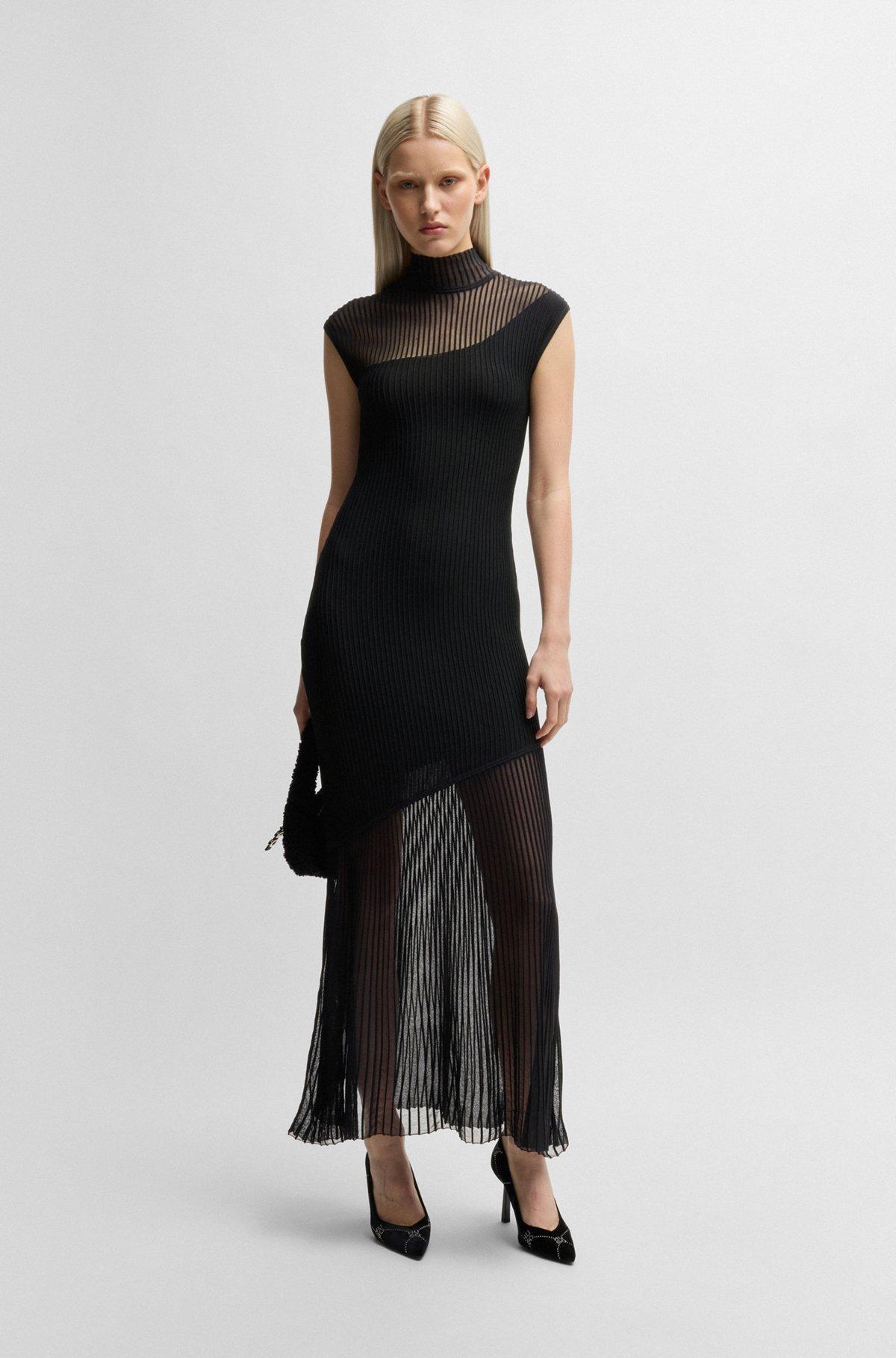 Mock-neck ribbed crepe midi dress with sheer sections Product Image