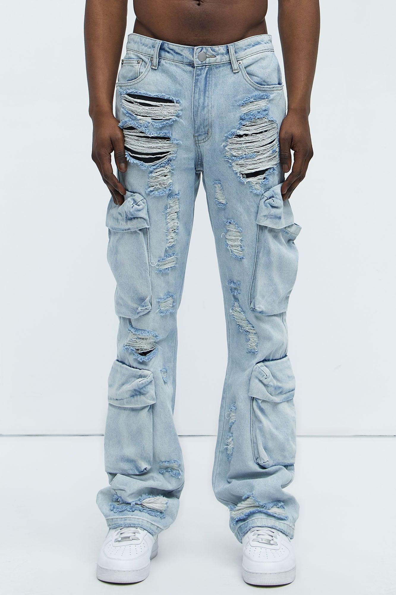 Xavier Distressed Stacked Slim Flare Jeans - Light Blue Wash Product Image