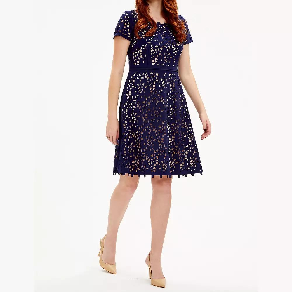 Women's Focus By Shani Cutout Fit & Flare Dress, Size: 2, Navy Beige Product Image