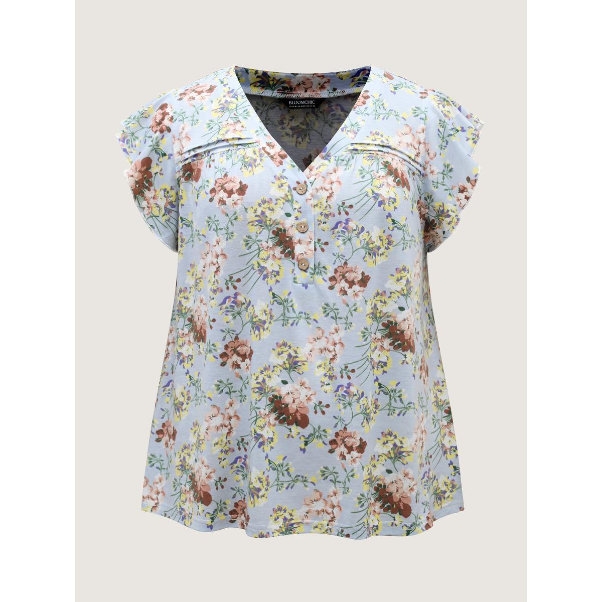 Plus Size Floral Pleated Button Detail Blouse Multicolor Women Tucked seam V-neck Everyday-Elegant T-shirts BloomChic 14-16/1X Product Image