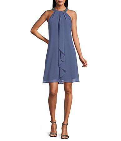 Ignite Evenings Beaded Braid Sleeveless Halter Neck Chiffon Ruffle Front Dress Product Image