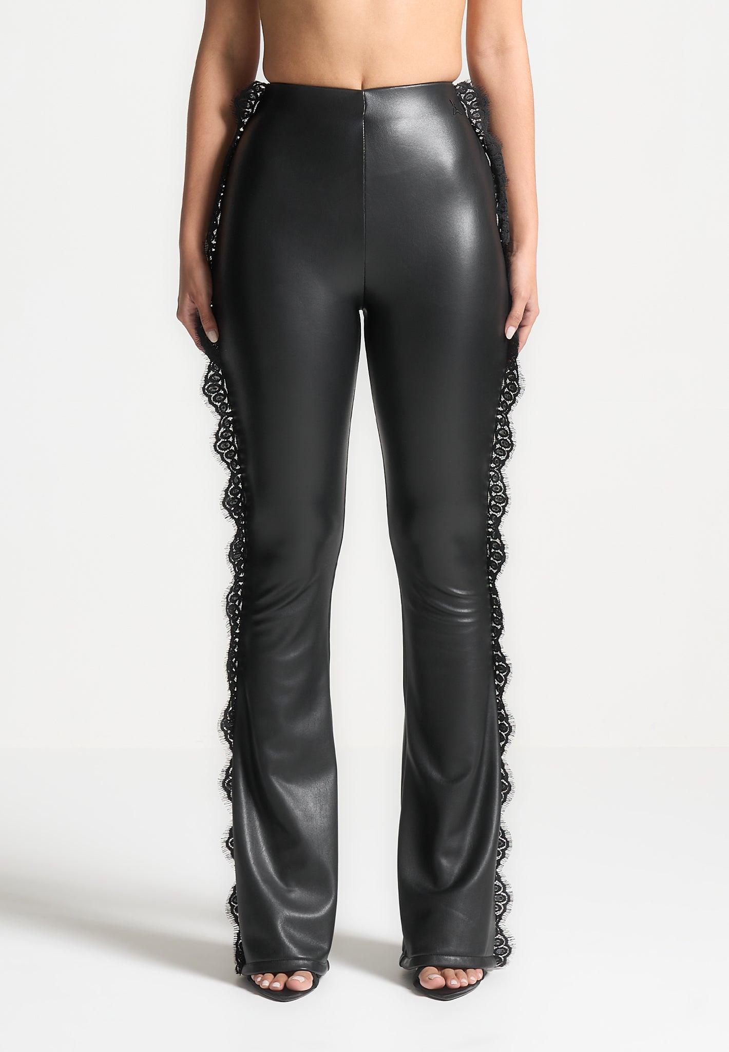 Lace Trim Leather Fit and Flare Leggings - Black Female Product Image