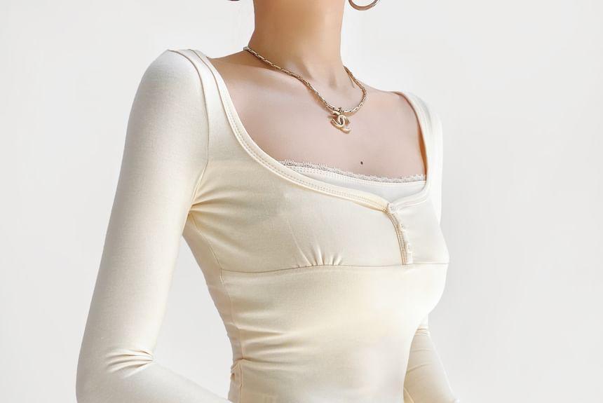 Long Sleeve Square Neck Plain Mock Two Piece Buttoned Crop Top Product Image