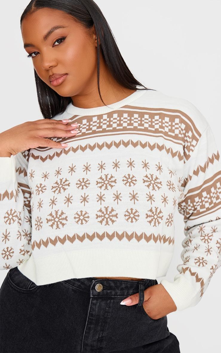 Plus Cream Snowflake Fairisle Cropped Christmas Sweater Product Image