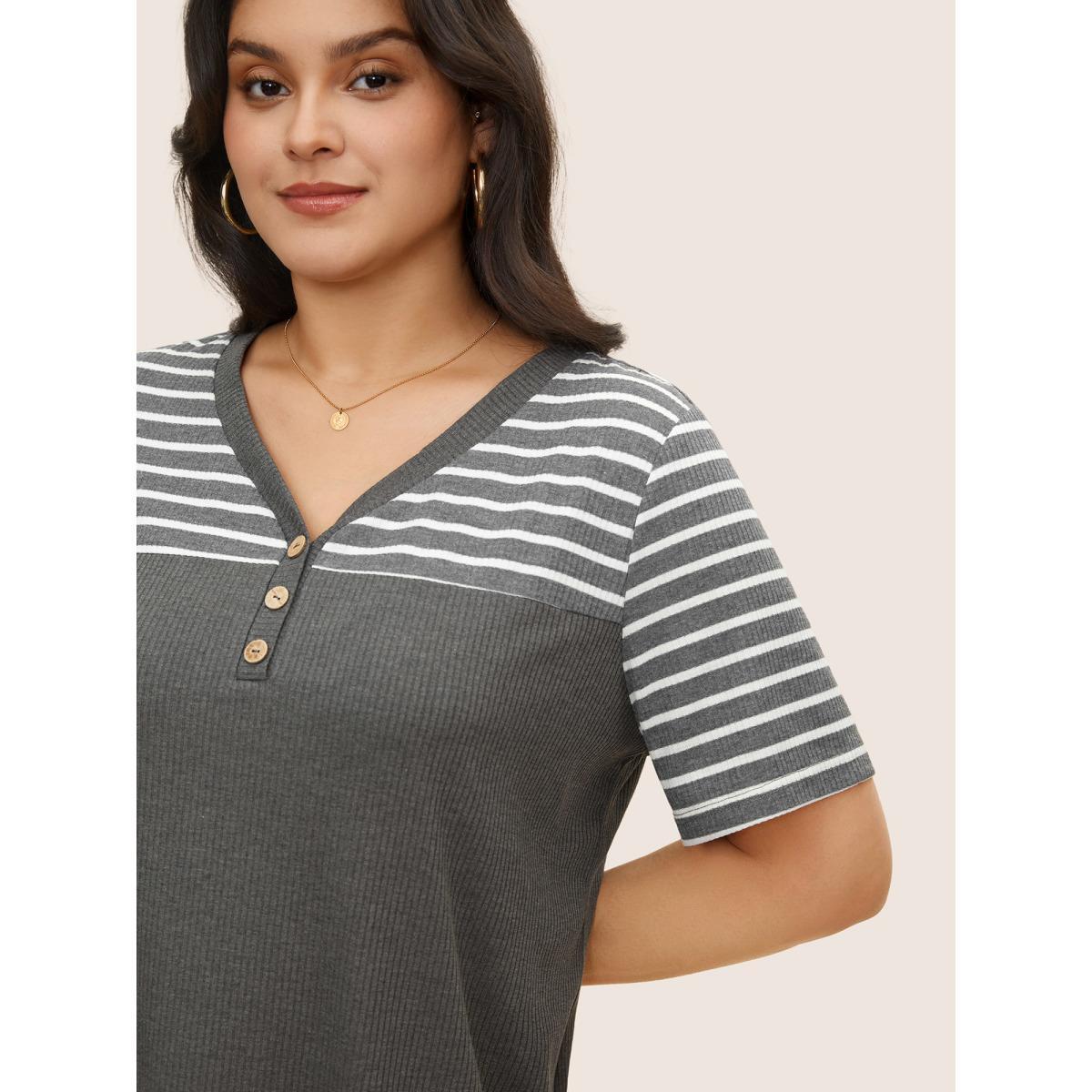 Plus Size Striped Patchwork Button Detail Rib Knit T-shirt DimGray Women Casual Contrast V-neck Everyday T-shirts BloomChic 10/M Product Image