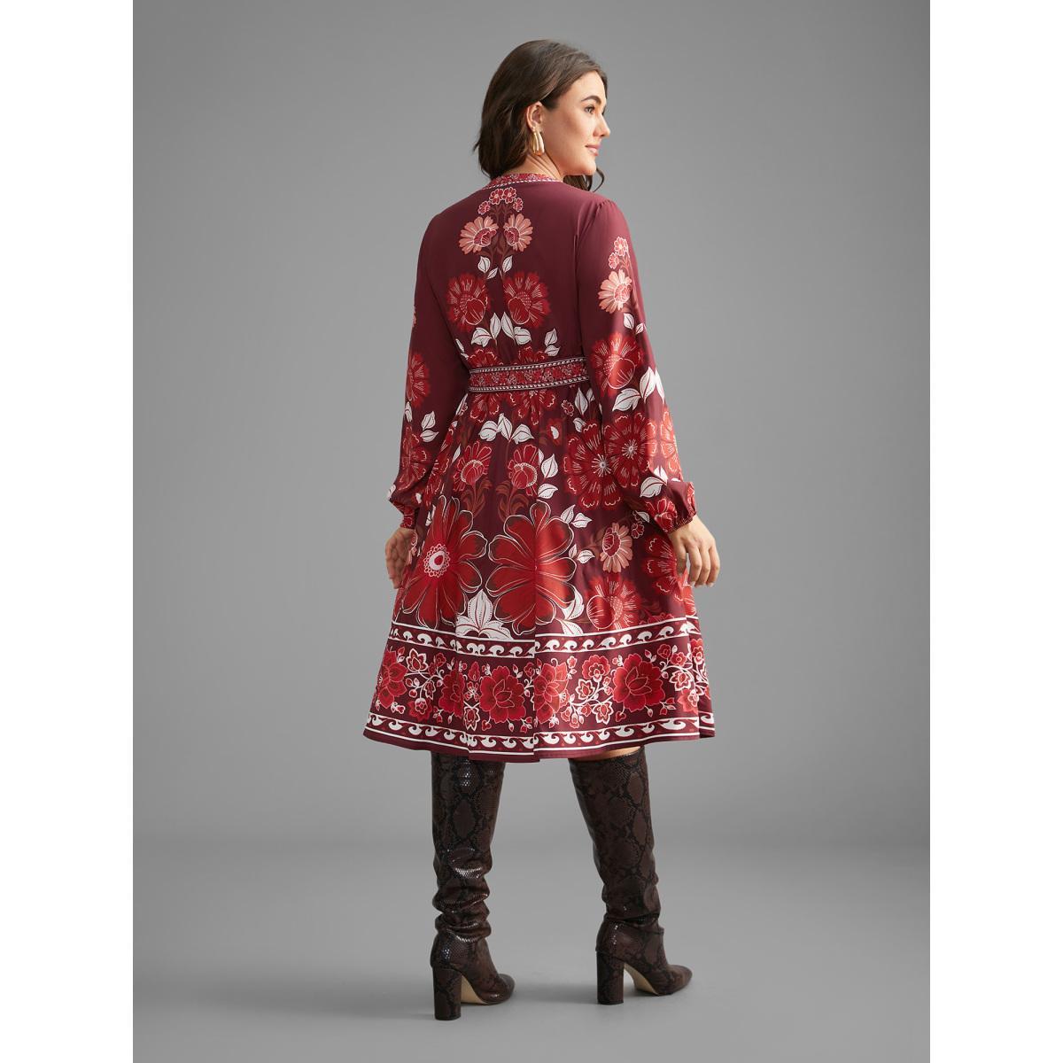 Plus Size Boho Print Belted Lantern Sleeve Dress Burgundy Women Cocktail Belted Notched collar Long Sleeve Curvy BloomChic 22-24/3X Product Image