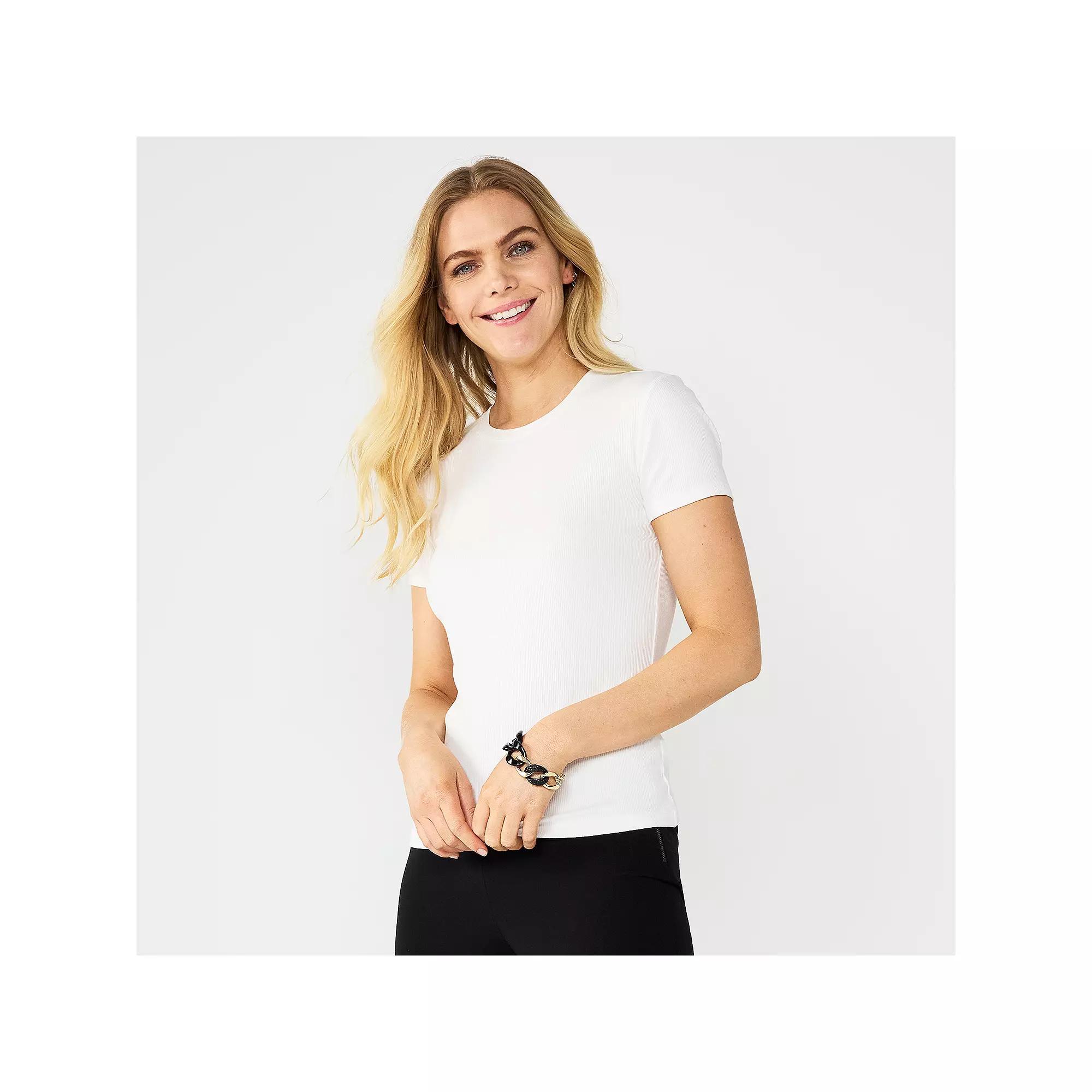 Women's Nine West Fitted Ribbed Crewneck Top, Size: XL, White Knight Product Image