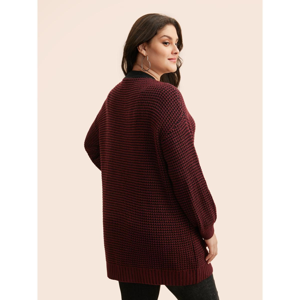 Plus Size Contrast Textured Drop Shoulder Sleeve Cardigan Burgundy Women Casual Loose Long Sleeve Everyday Cardigans BloomChic 14-16/1X Product Image