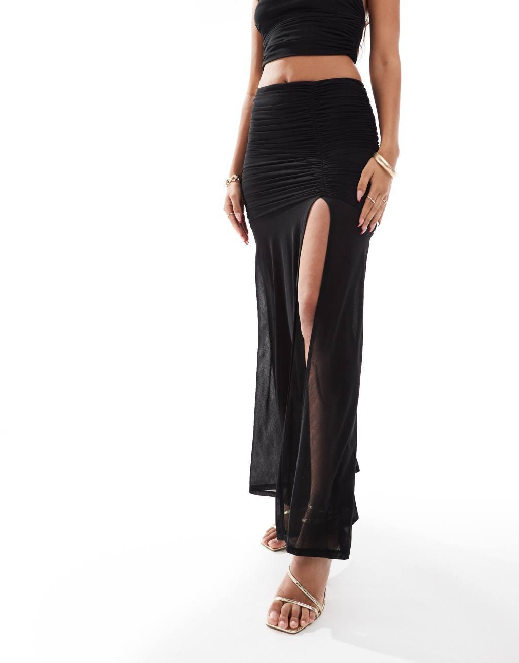 ASOS DESIGN mesh ruched maxi skirt with split in black - part of a set Product Image