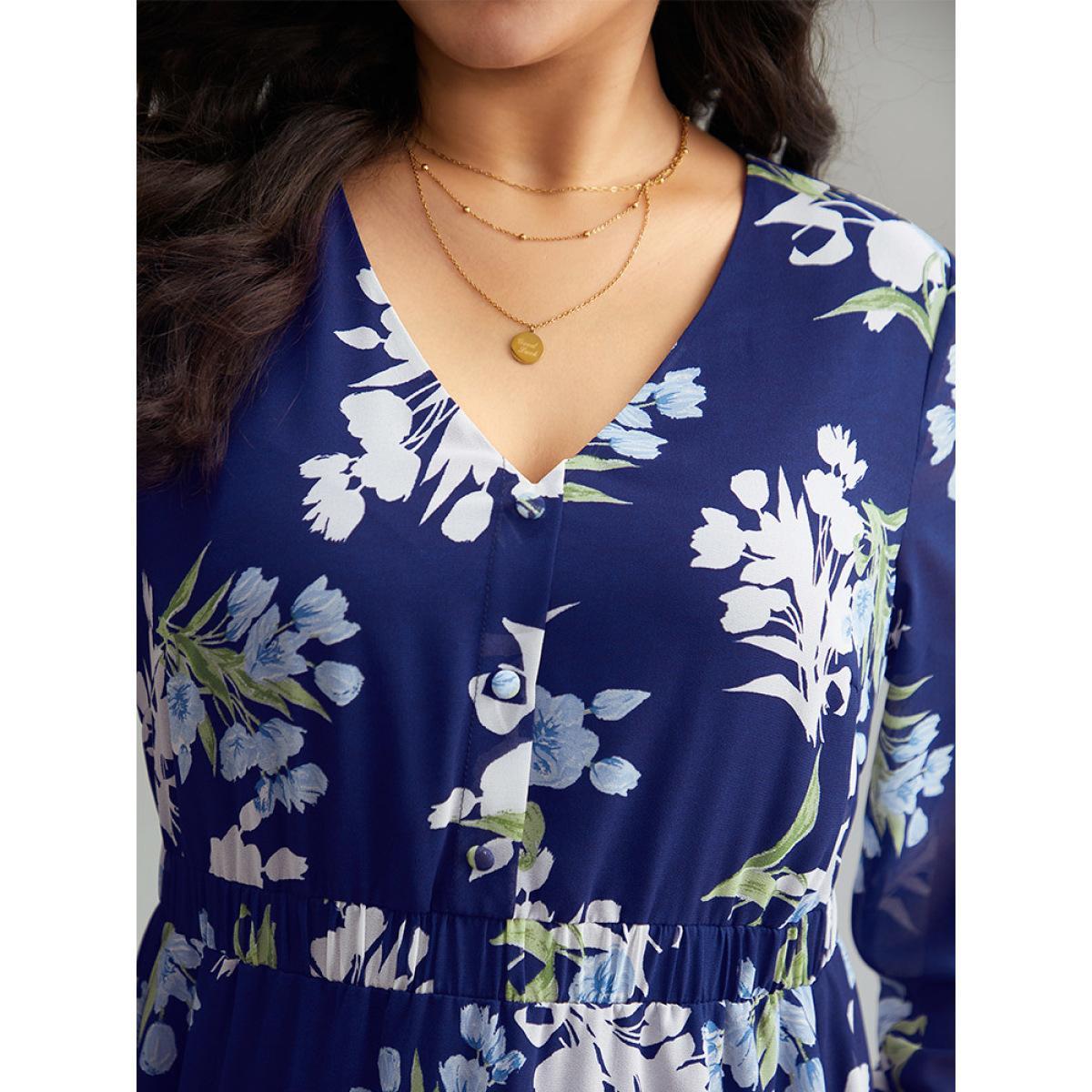 Plus Size Floral Print Chiffon Pocket Elastic Waist Gathered Dress DarkBlue Women Elegant Elastic cuffs V-neck Long Sleeve Curvy Midi Dress BloomChic 26/4X Product Image