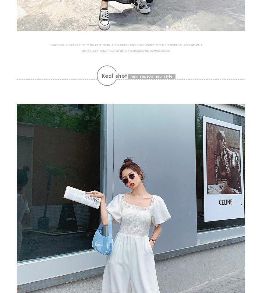 Puff-Sleeve Square-Neck Plain Ruffled Wide Leg Jumpsuit Product Image
