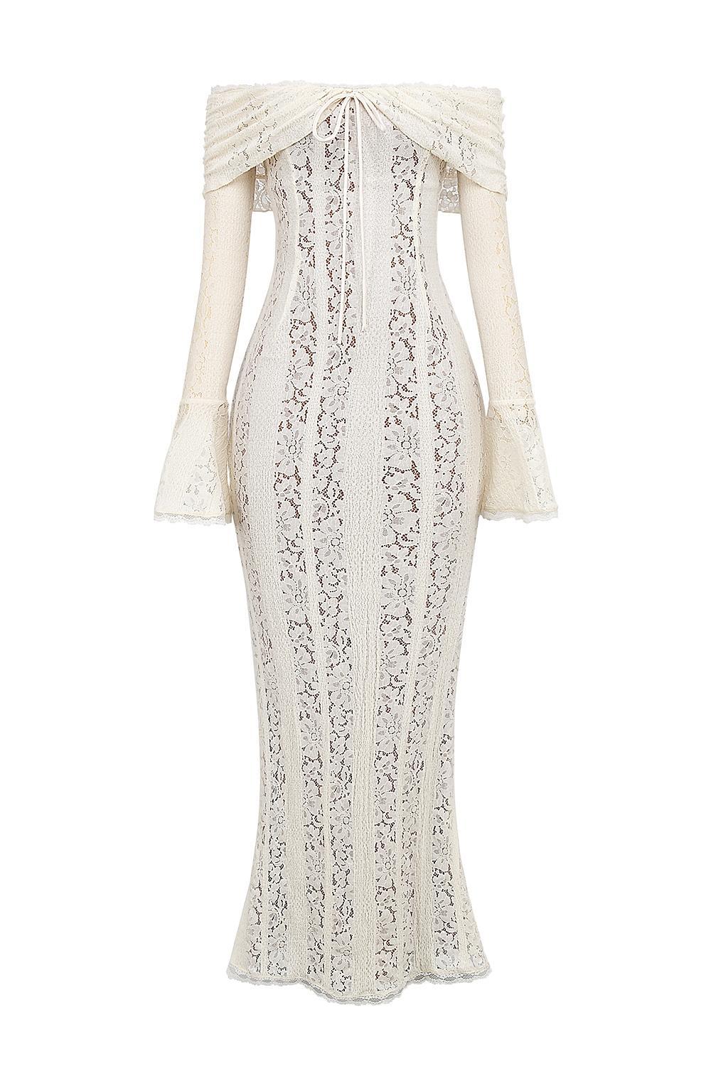Belle  vintage cream floral lace off shoulder maxi dress Product Image
