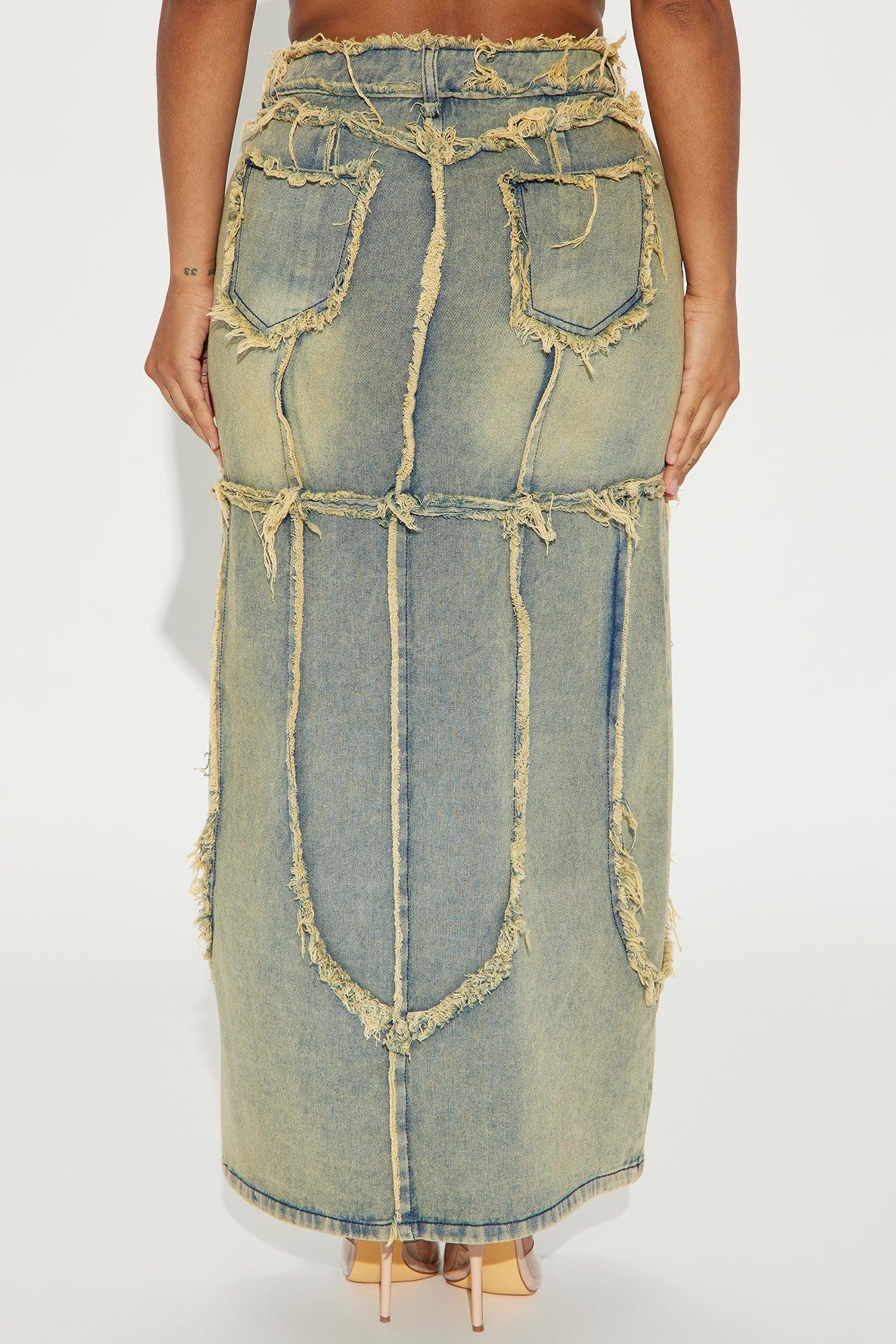 Saraya Frayed Denim Maxi Skirt - Medium Wash Product Image