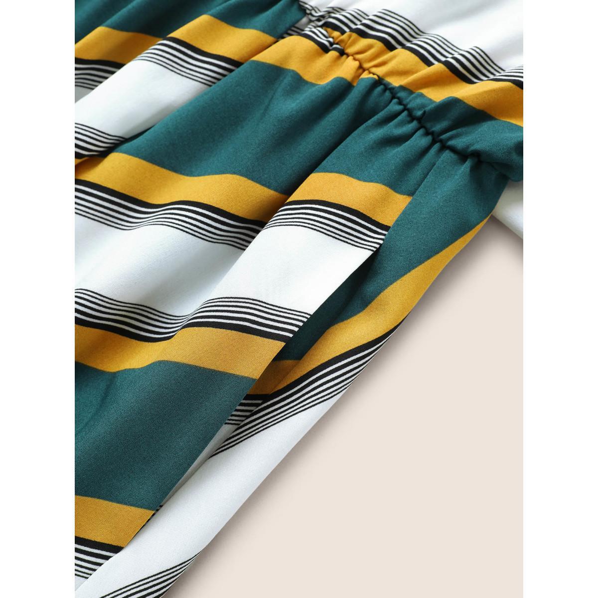 Plus Size Striped Contrast Asymmetrical Neck Belted Dress Cyan Women At the Office Non Asymmetrical Neck Elbow-length sleeve Curvy Midi Dress BloomChic 26/4X Product Image