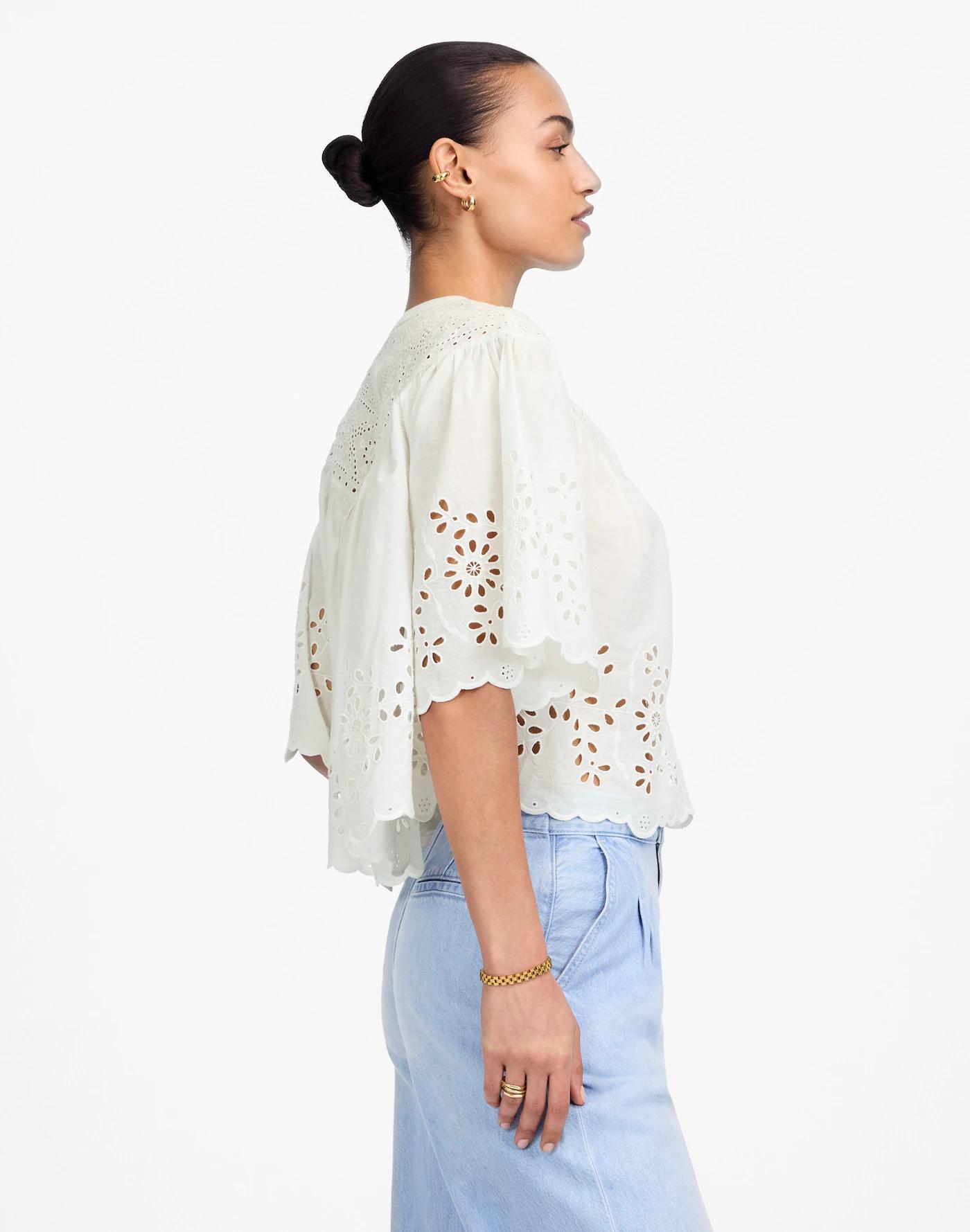 Embroidered Shirred Henley Top Product Image