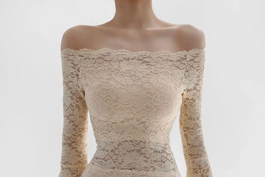 Flare-Sleeve Off Shoulder Lace Mini Bodycon Dress Product Image