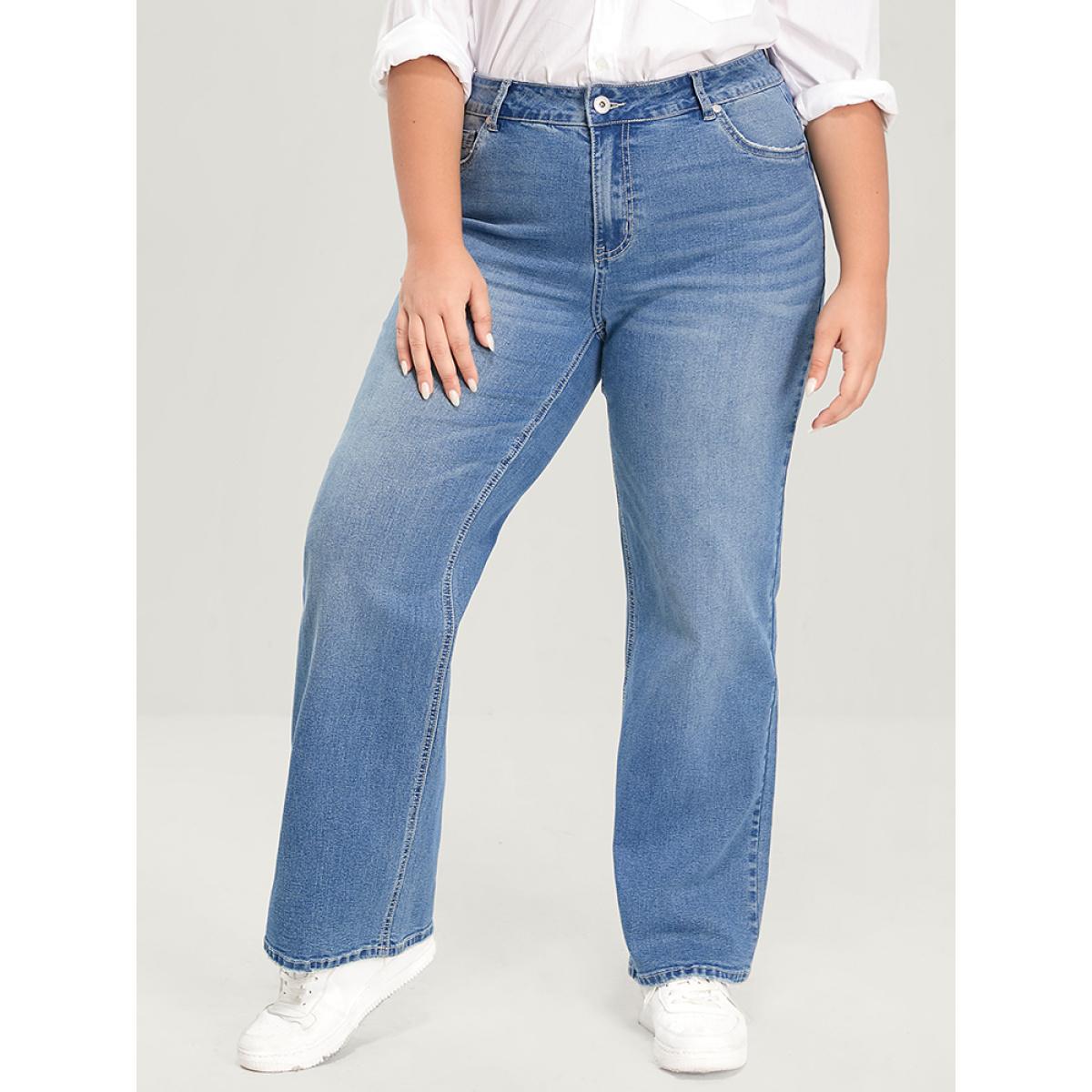 Plus Size Boyfriend Wide Leg Slightly Stretchy High Rise Medium Wash Jeans Women Stone Casual Plain Low stretch Pocket Jeans BloomChic 16/1X Product Image