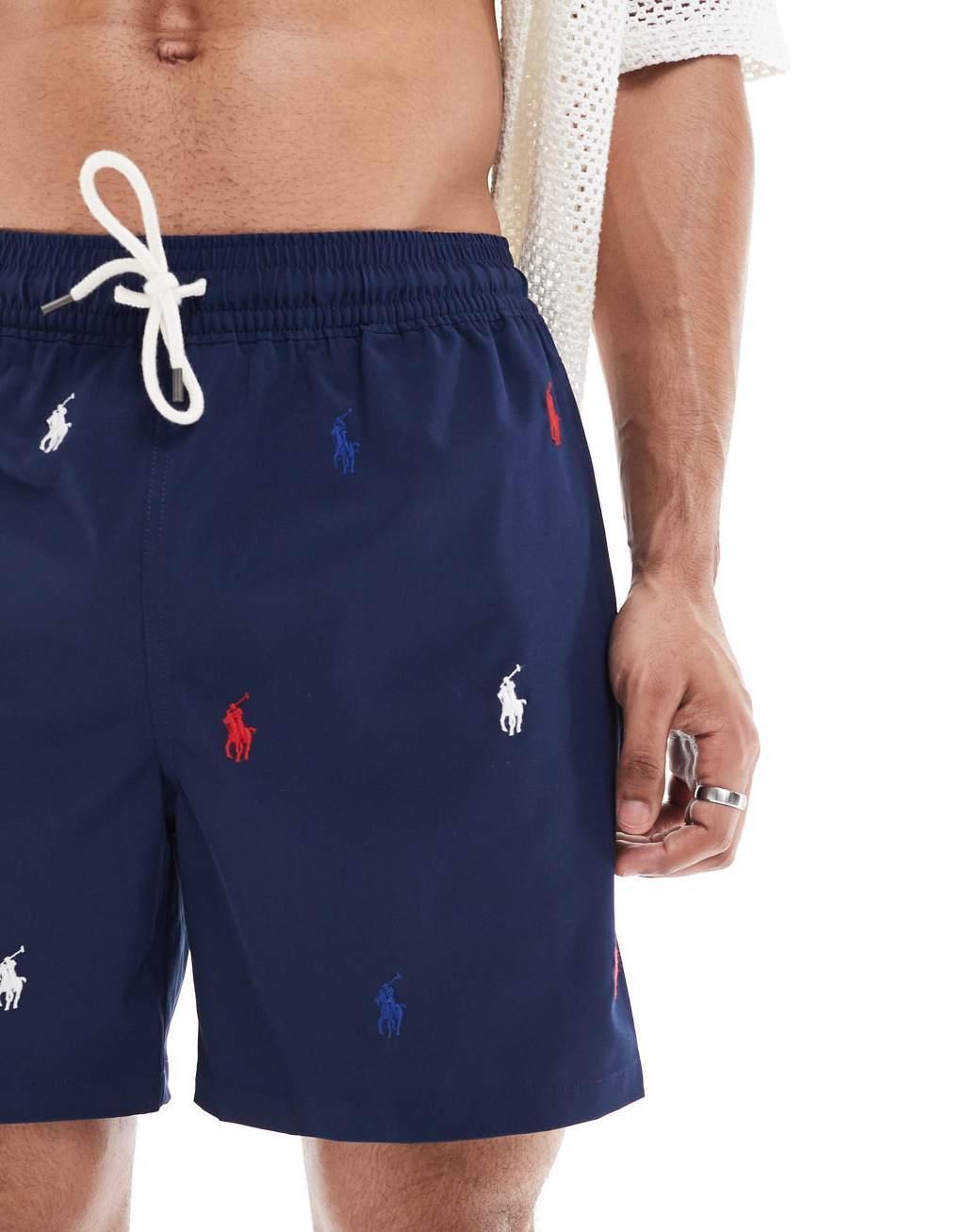 Polo Ralph Lauren Traveler all over icon logo swim shorts classic fit in navy Product Image