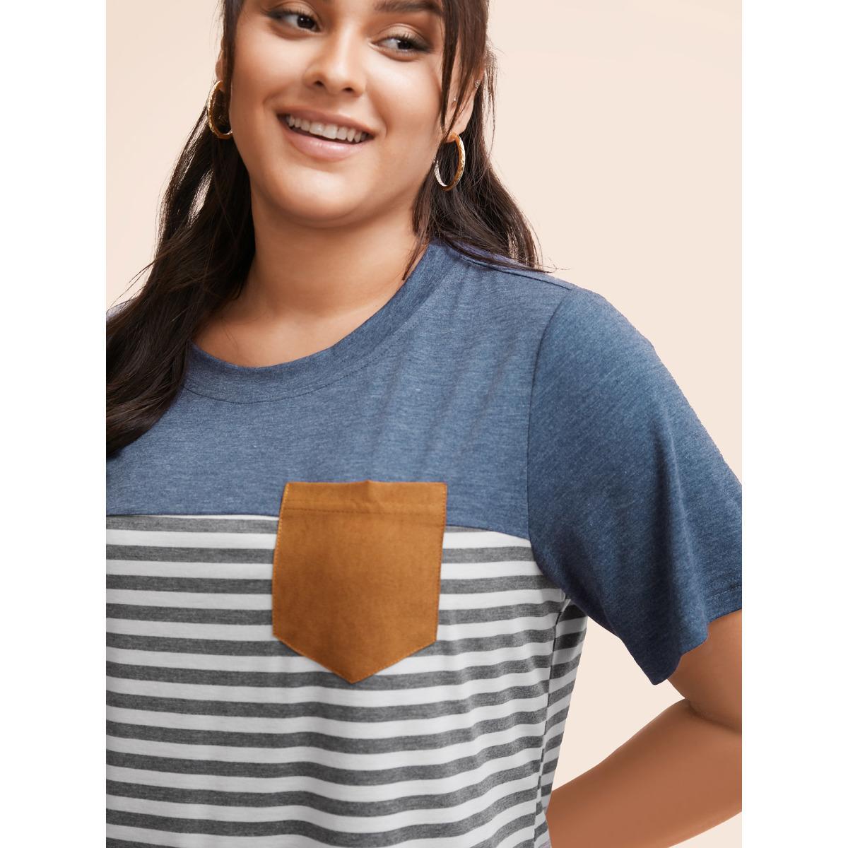 Plus Size Striped Patchwork Round Neck Patched Pocket T-shirt Multicolor Women Casual Patchwork Striped Round Neck Dailywear T-shirts BloomChic 10/M Product Image