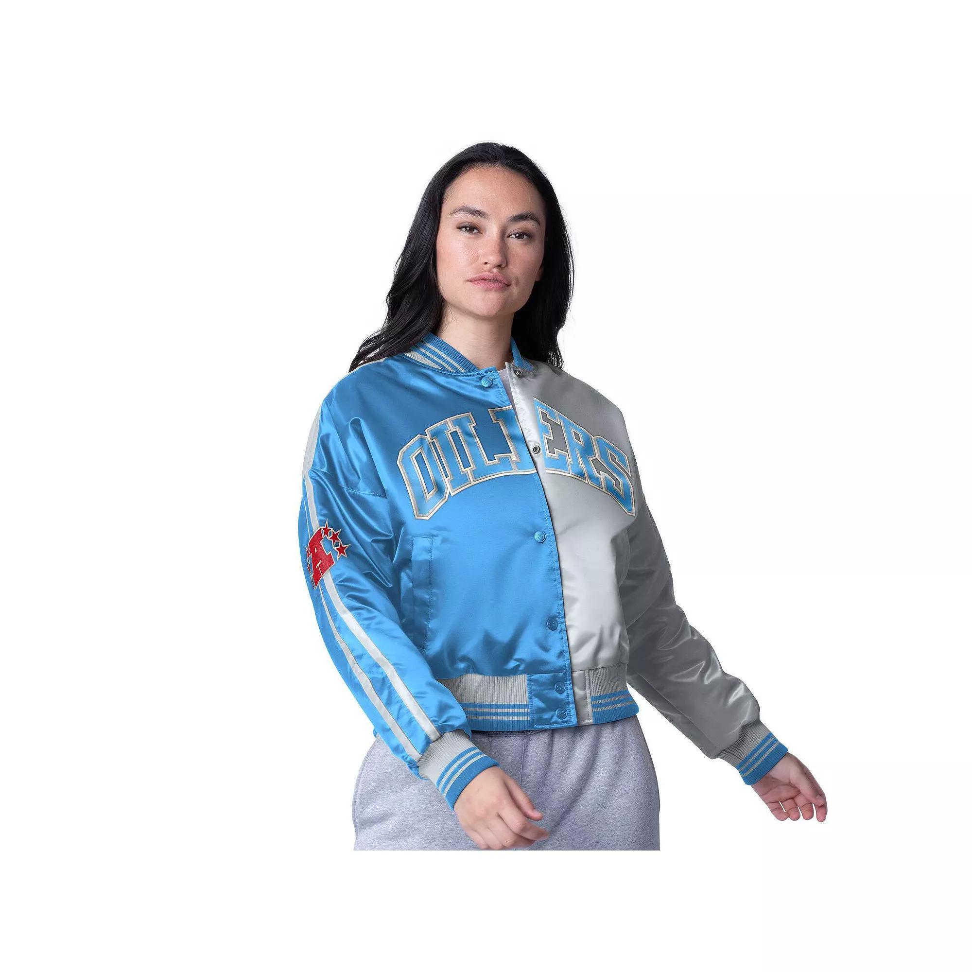 Women's Starter  Light Blue/Silver Houston Oilers Gridiron Classics Zone Blitz Cropped Full-Snap Satin Jacket, Size: Medium, Nfl Light Product Image