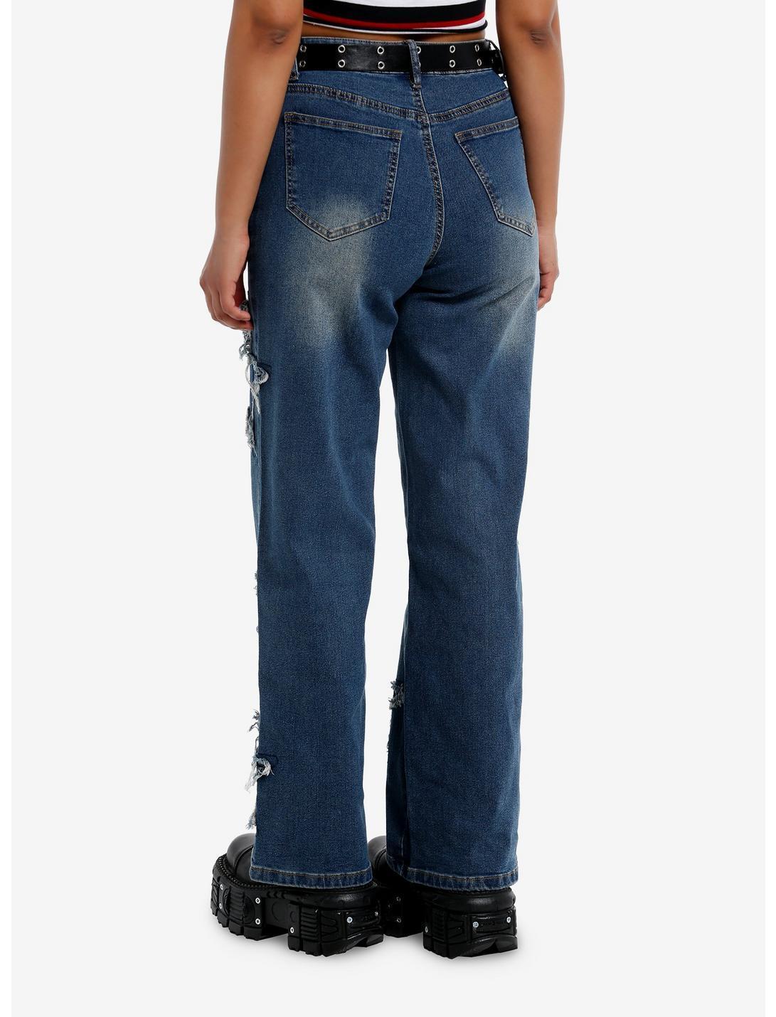 Two-Tone Indigo Star Patch Belted Wide Leg Jeans Product Image