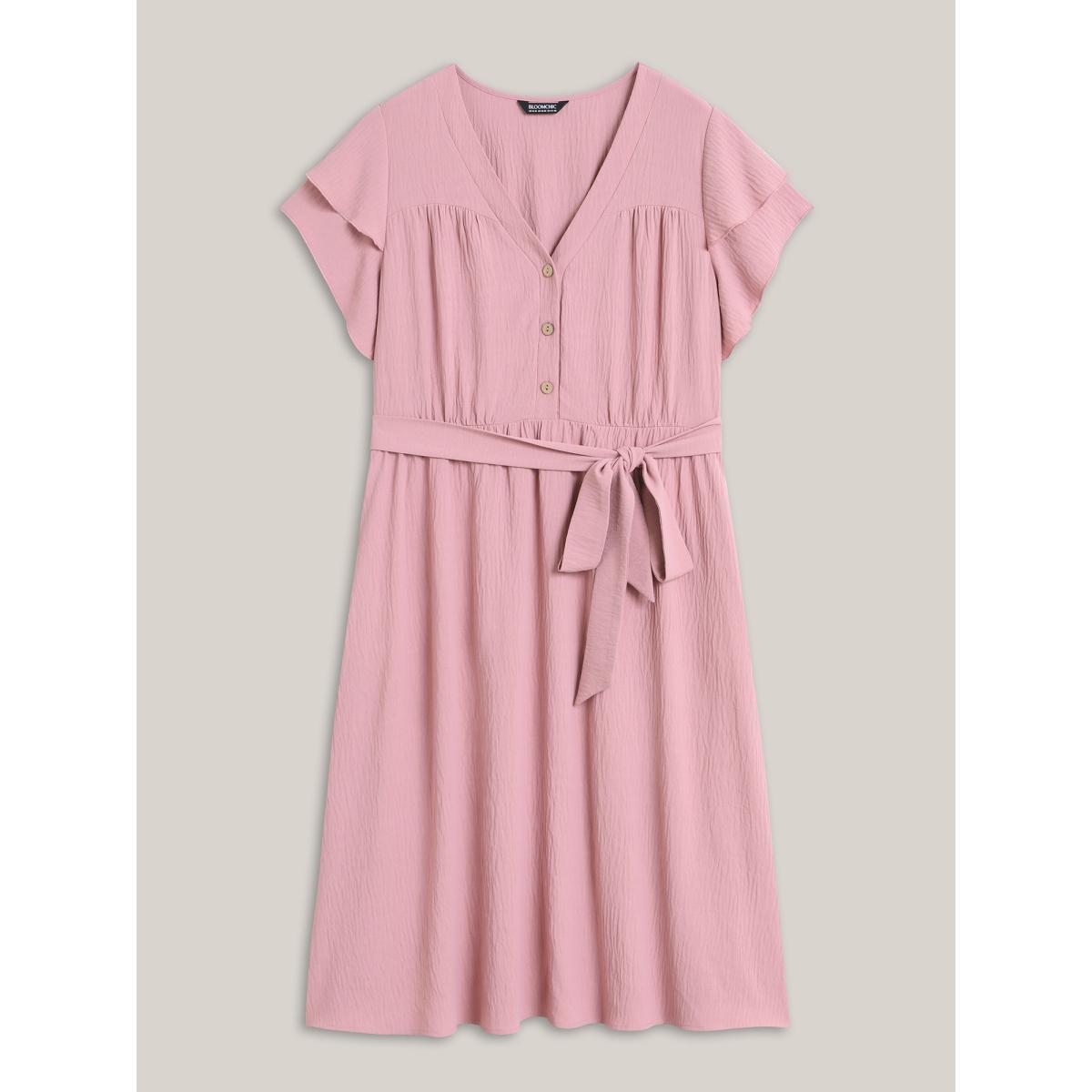 Plus Size Layered Ruffled Sleeve Fake Placket Midi Dress Blush Women V-neck Cap Sleeve Curvy BloomChic 30/6X Product Image