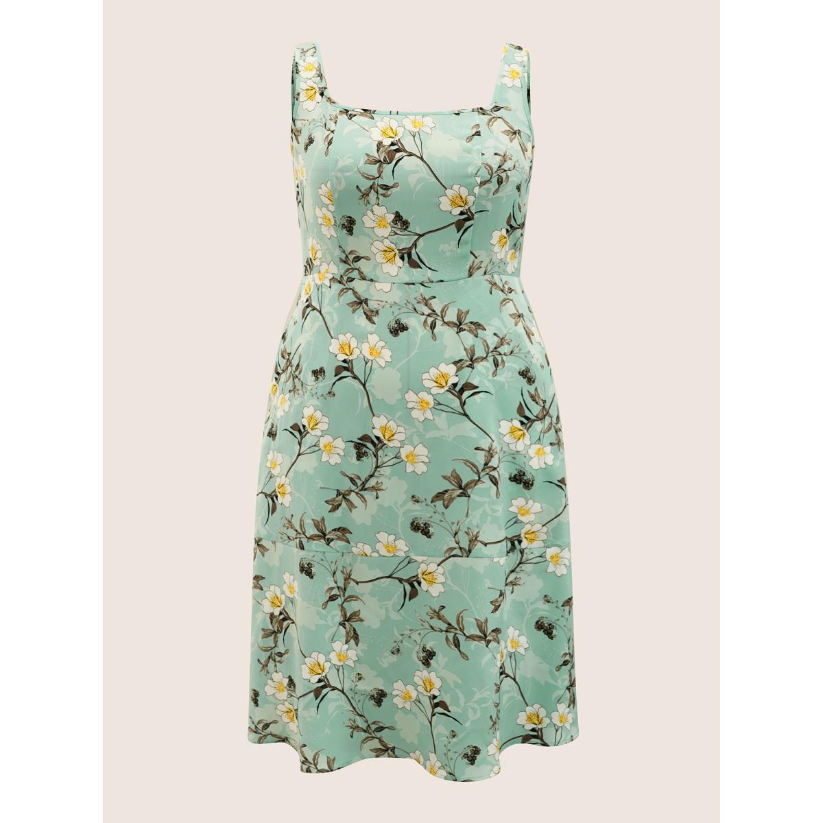 Plus Size Floral Print Square Neck Pocket Tank Dress Mint Women Elegant Non Square Neck Sleeveless Curvy Midi Dress BloomChic 18-20/2X Product Image
