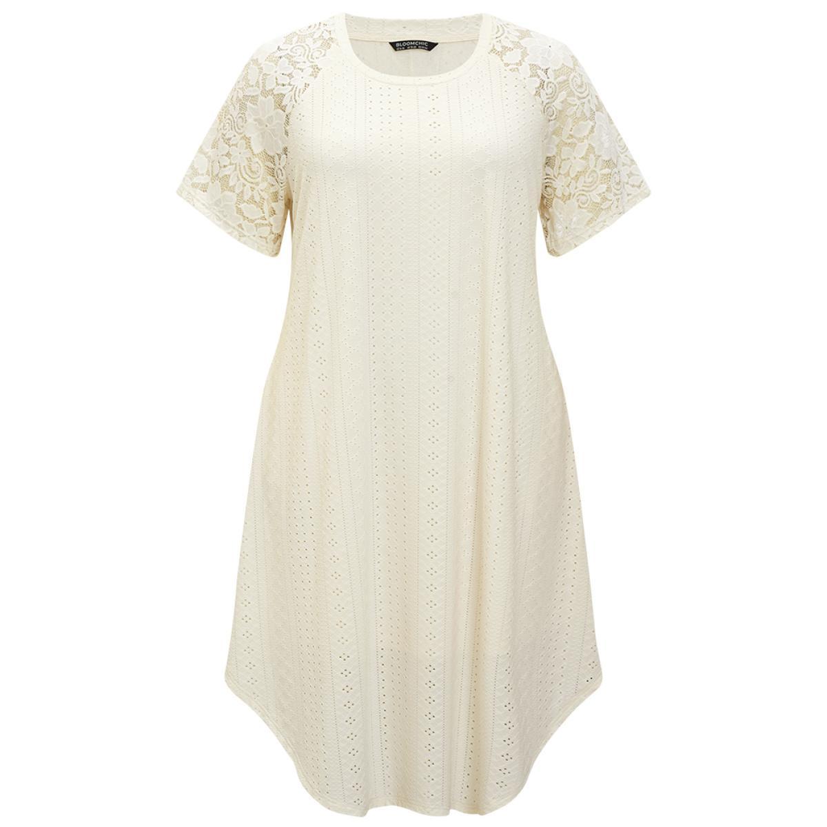 Plus Size Plain Lace Sleeve Pocket Arc Hem Broderie Anglaise Dress Beige Women Casual Lined Round Neck Short sleeve Curvy Midi Dress BloomChic 14-16/1X Product Image