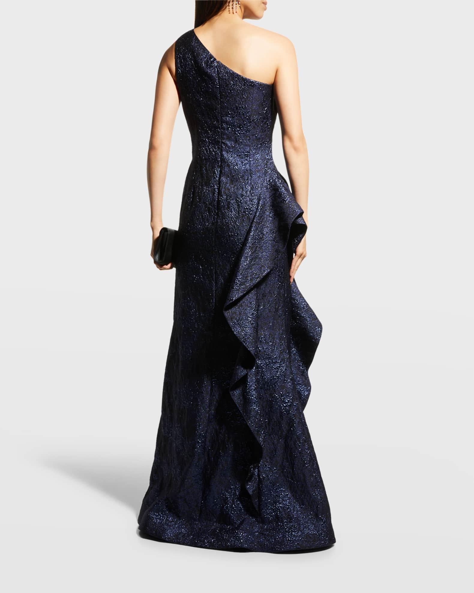 One-Shoulder Jacquard Side-Ruffle Gown Product Image