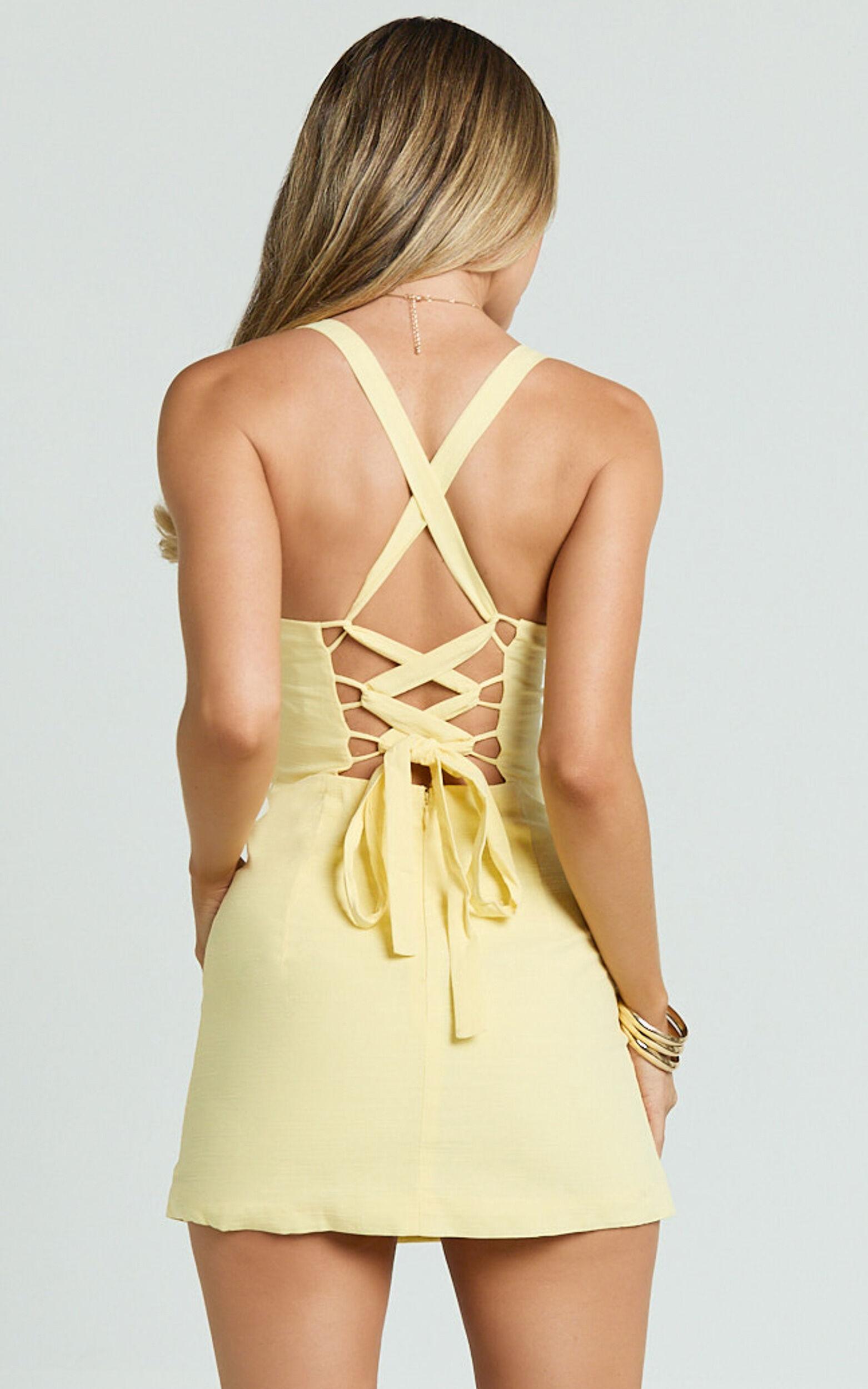 Mikayla Mini Linen Blend Dress - Sweetheart Ruched Bust Fitted Dress in Lemon Product Image