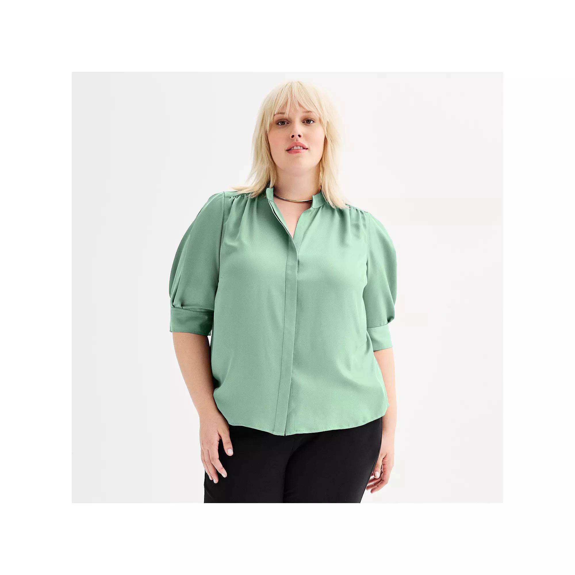 Plus Size Nine West Balloon Sleeve Collared Top, Women's, Size: 2XL, Hanover Blue Product Image