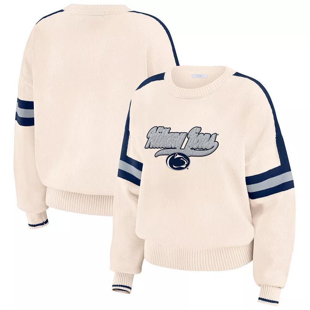 Women's WEAR by Erin Andrews  Cream Penn State Nittany Lions Chenille Woven Patch Stripe Pullover Sweater, Size: Small, Beige Product Image