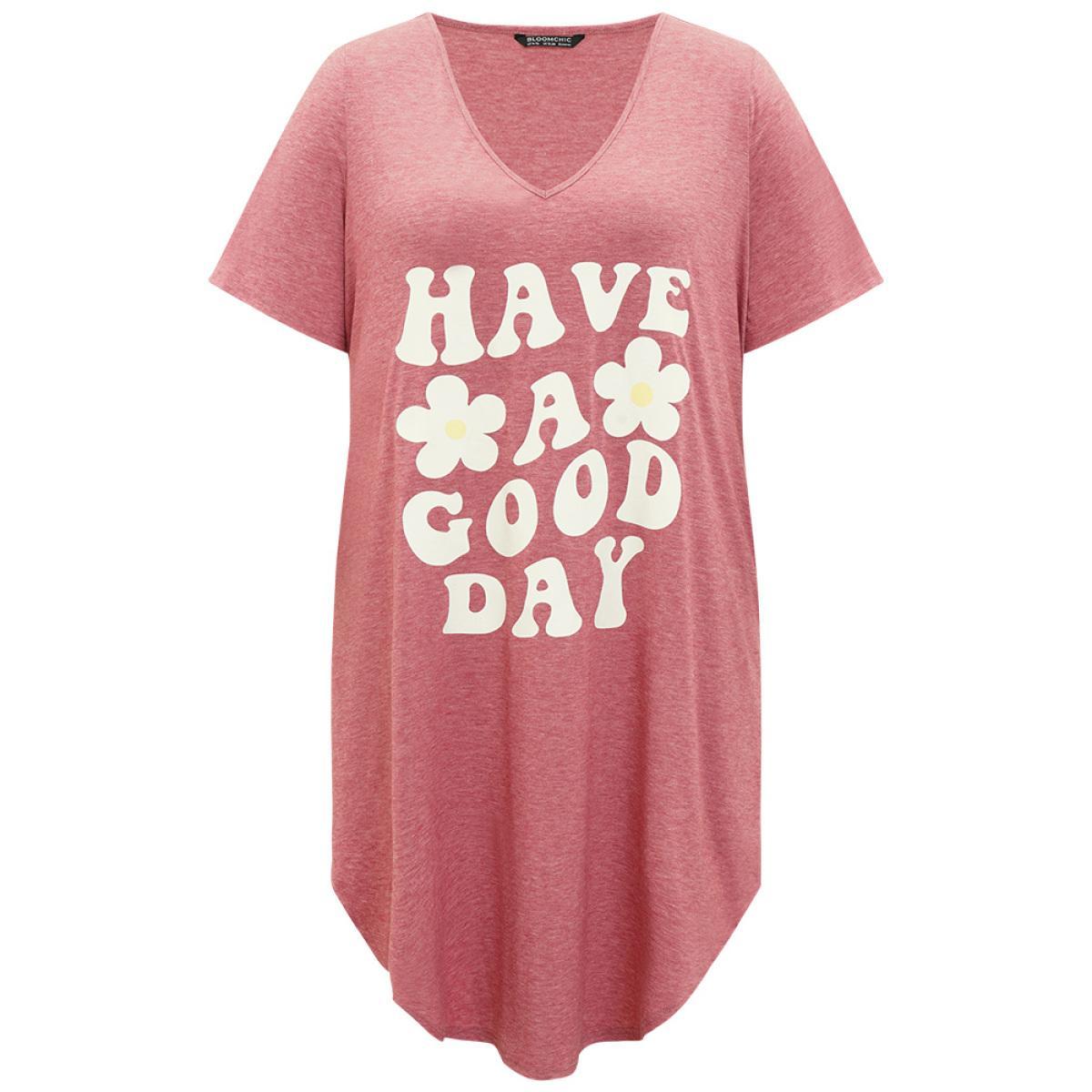 Plus Size Supersoft Essentials Letter & Floral Print V Neck Curved Hem Dress DustyPink Women Casual Plain Curvy Midi Dress BloomChic 30/6X Product Image