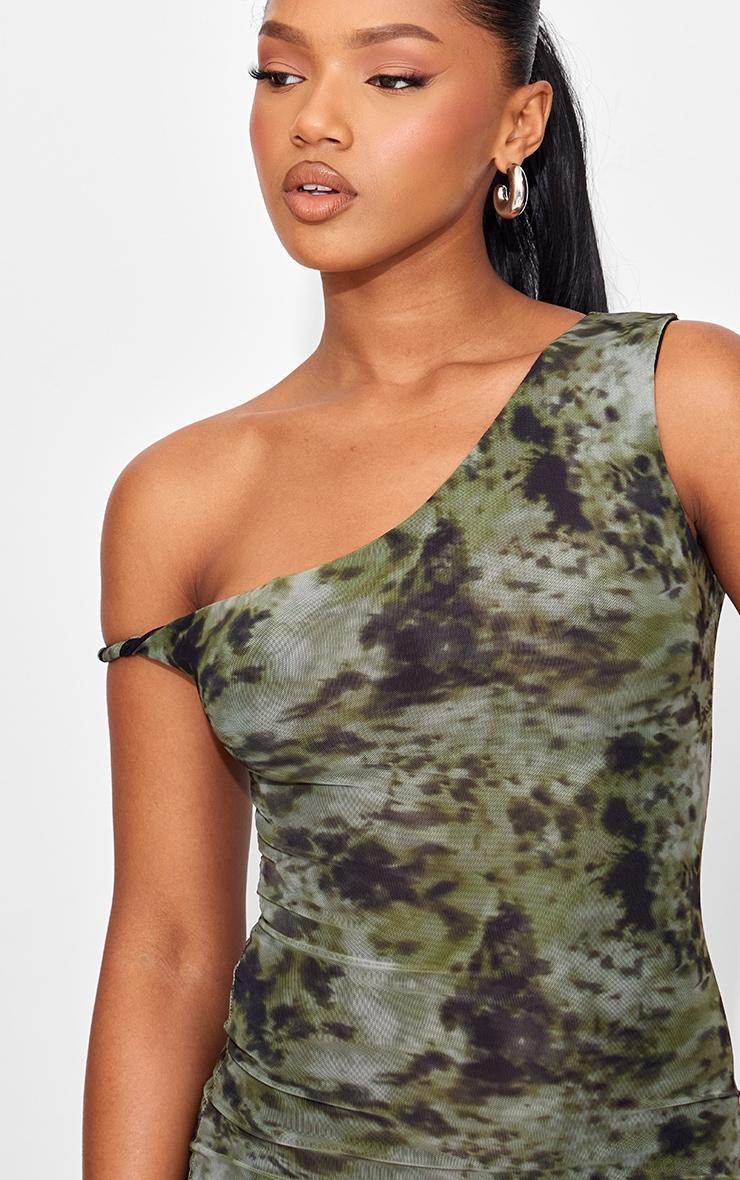 Khaki Abstract Mesh Asymmetric Print Bodycon Dress Product Image