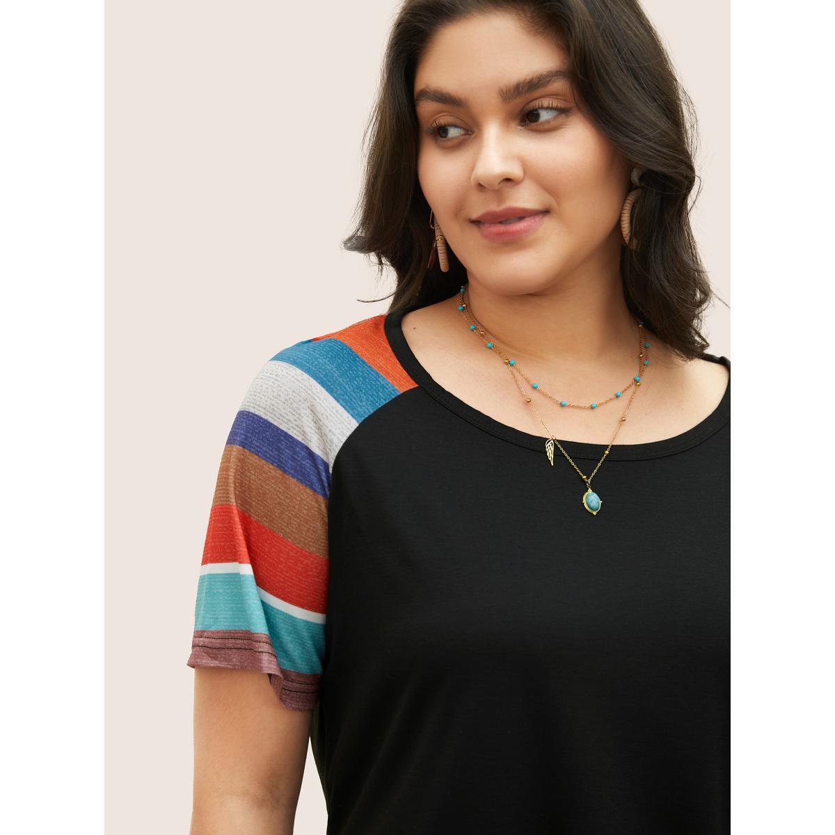 Plus Size Striped Contrast Raglan Sleeve Round Neck T-shirt Black Women Resort Striped Round Neck Vacation T-shirts BloomChic 28/5X Product Image