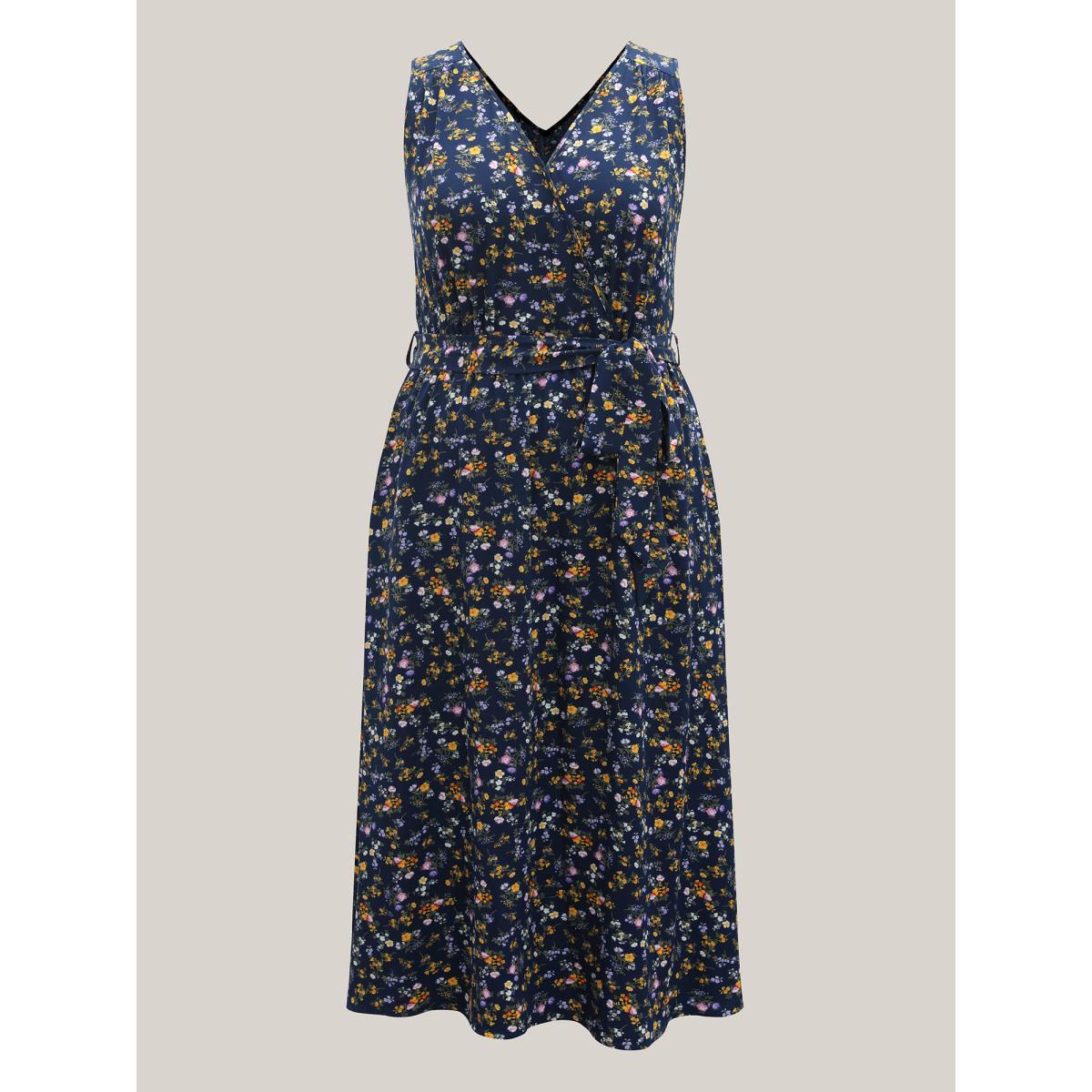 Plus Size Stretch Woven Floral Belted Pockets Midi Dress Navy Women Elegant Belted Overlap Collar Sleeveless Curvy BloomChic 10/M Product Image