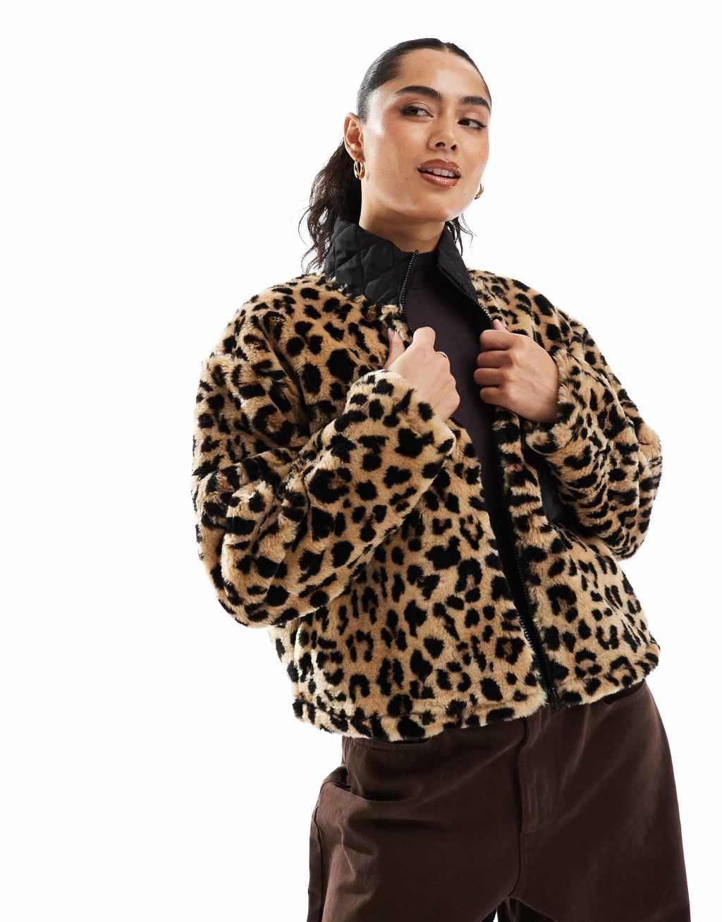 ASOS DESIGN zip up teddy fleece with quilted pocket detail in leopard Product Image