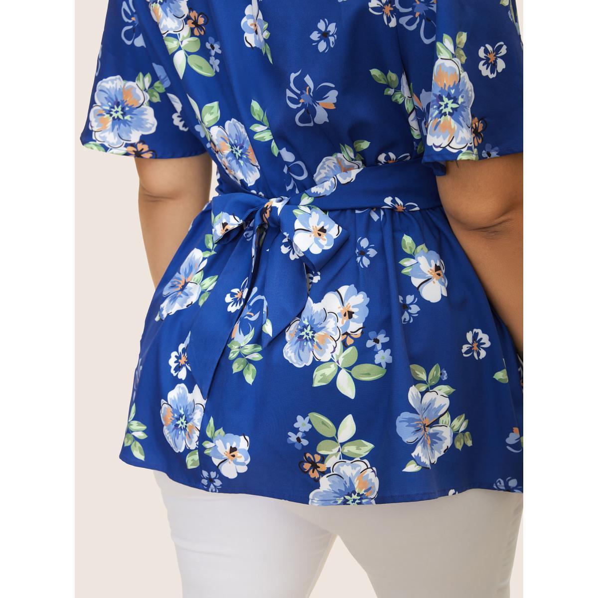 Plus Size Mediumblue Floral Print Ruched Ruffle Sleeve Blouse Women Elegant Short sleeve V-neck Everyday Blouses BloomChic 28/5X Product Image