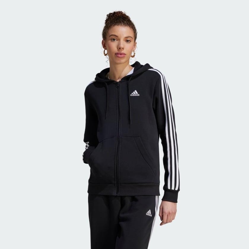 Women's adidas Essentials 3-Stripes Full-Zip Fleece Hoodie, Size: XS, Black White Product Image