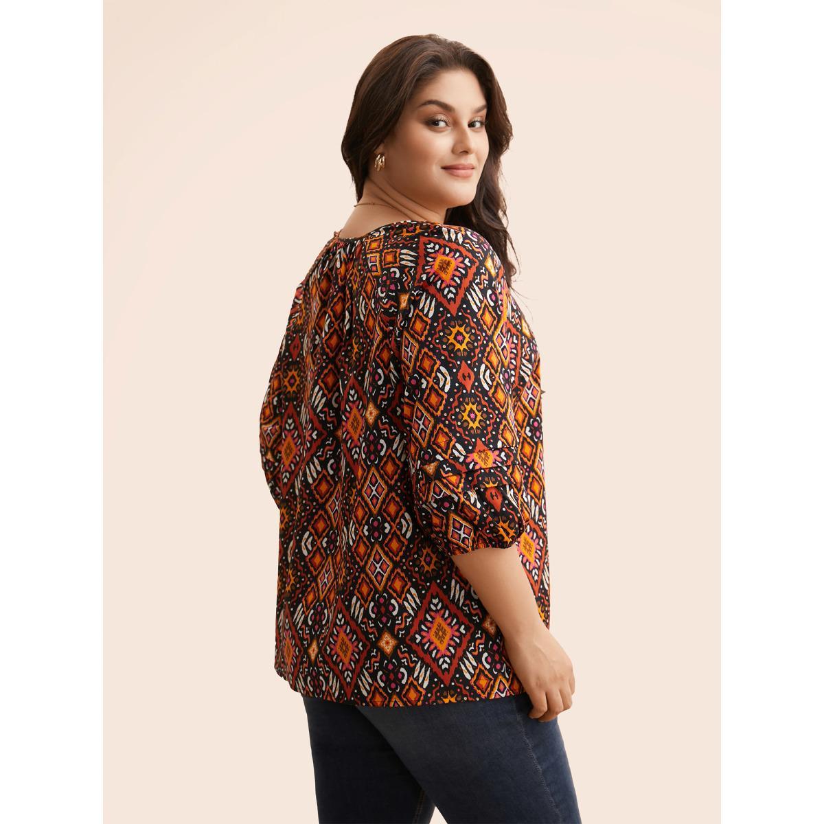 Plus Size Black Bandana Geometric Pleated Lantern Sleeve Blouse Women Elegant Elbow-length sleeve V-neck Everyday Blouses BloomChic 12/L Product Image