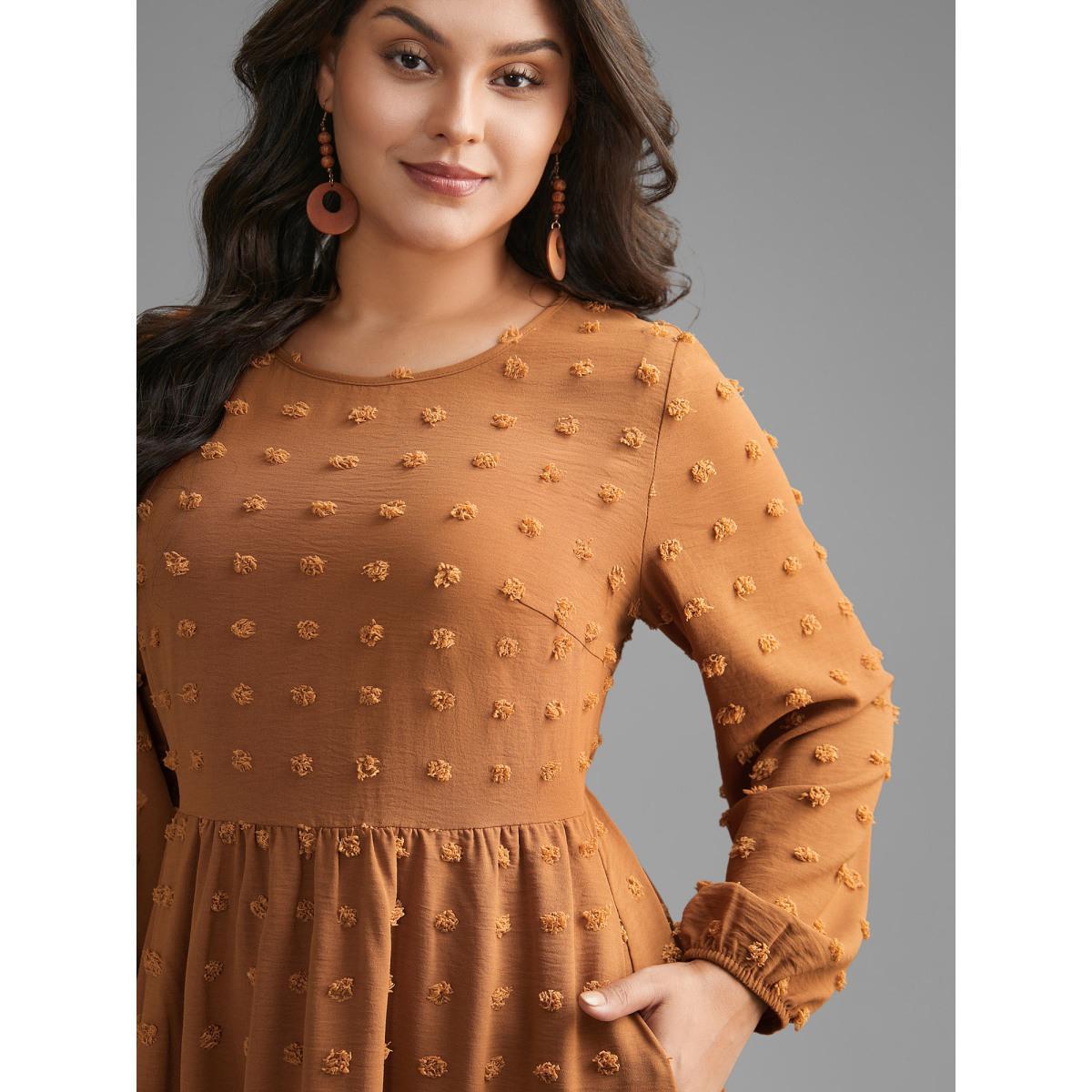 Plus Size Plain Textured Crew Neck Midi Dress Yellowishbrown Women Resort Texture Round Neck Long Sleeve Curvy BloomChic 18-20/2X Product Image