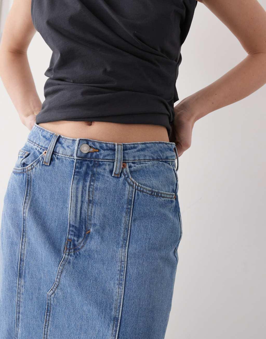 Monki western style denim maxi skirt in vintage blue wash  Product Image
