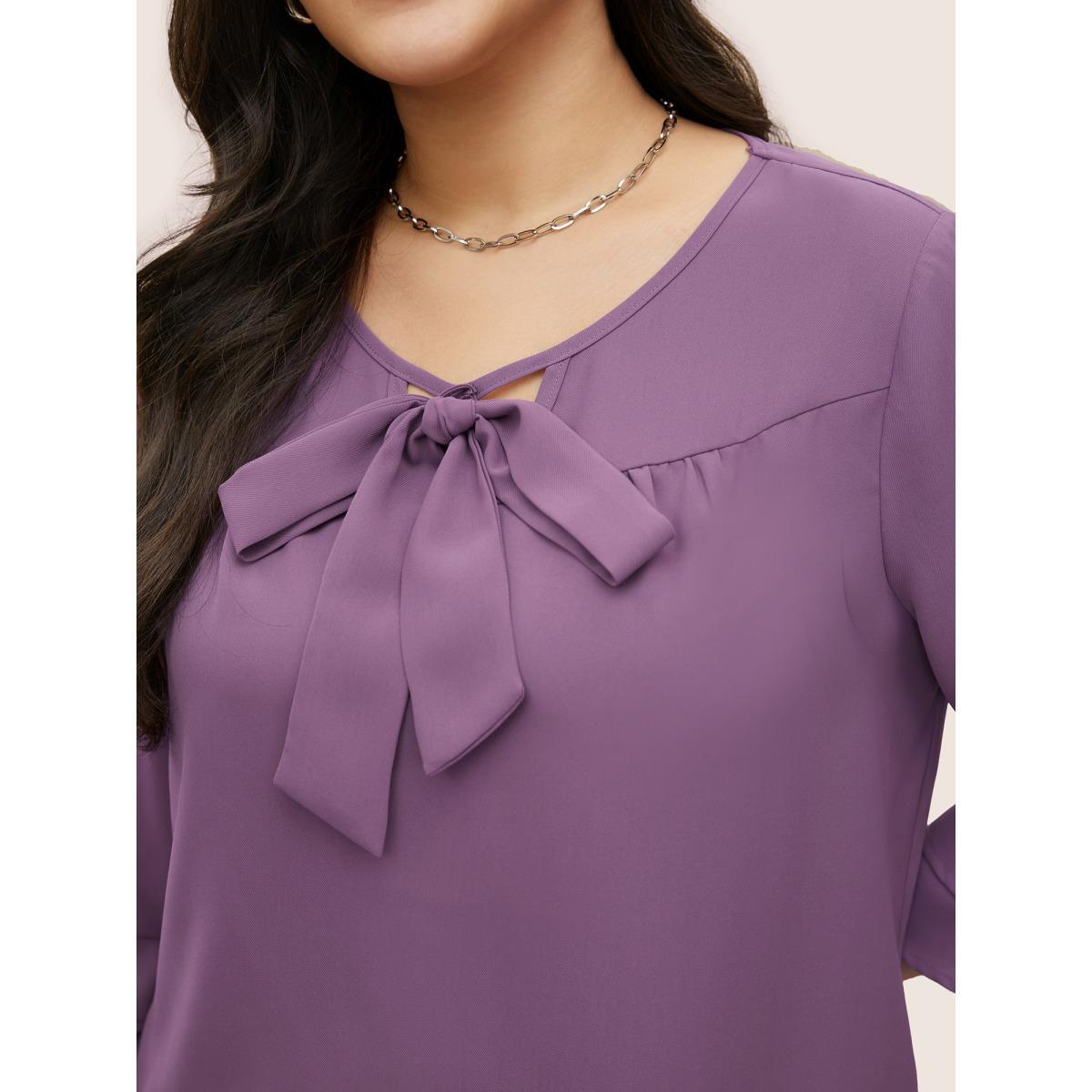 Plus Size Purple Solid Ribbon Tied Collar Bell Sleeve Blouse Women At the Office Elbow-length sleeve Ribbon-tied collar Work Blouses BloomChic 22-24/3X Product Image