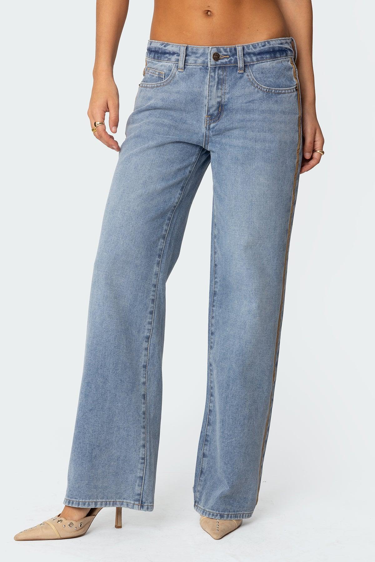 Faux Suede Stripe Low Rise Jeans Product Image