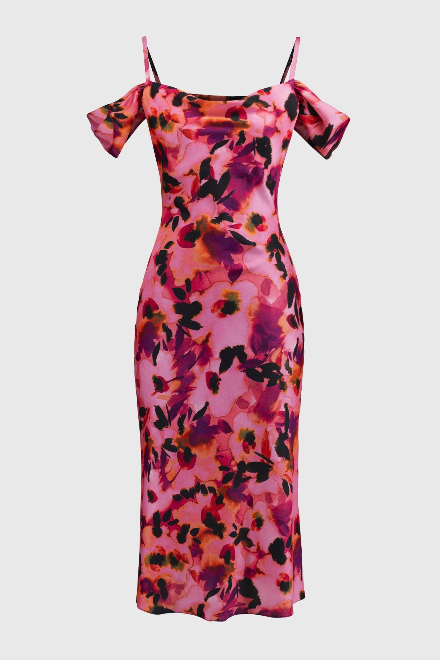 Satin Floral Sheath Dress with Cold Shoulder- Black/Multi Product Image
