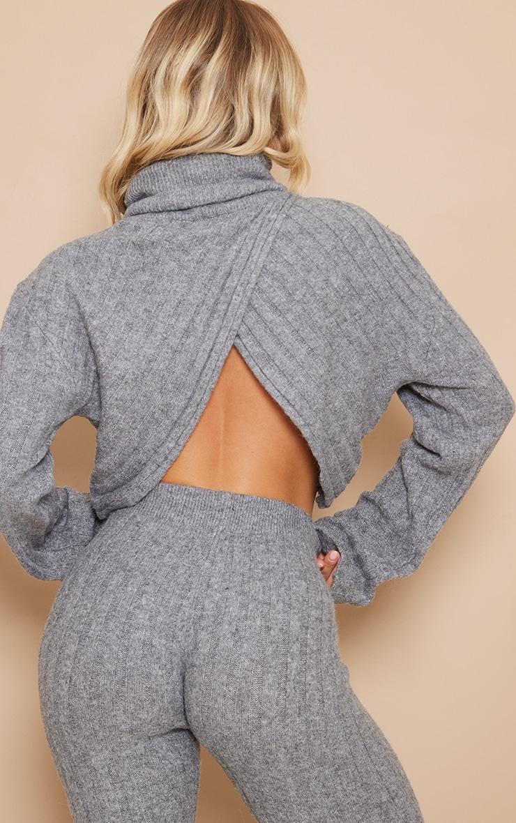 Charcoal Grey Luxe Knit Wide Rib Cross Back Crop Sweater Product Image