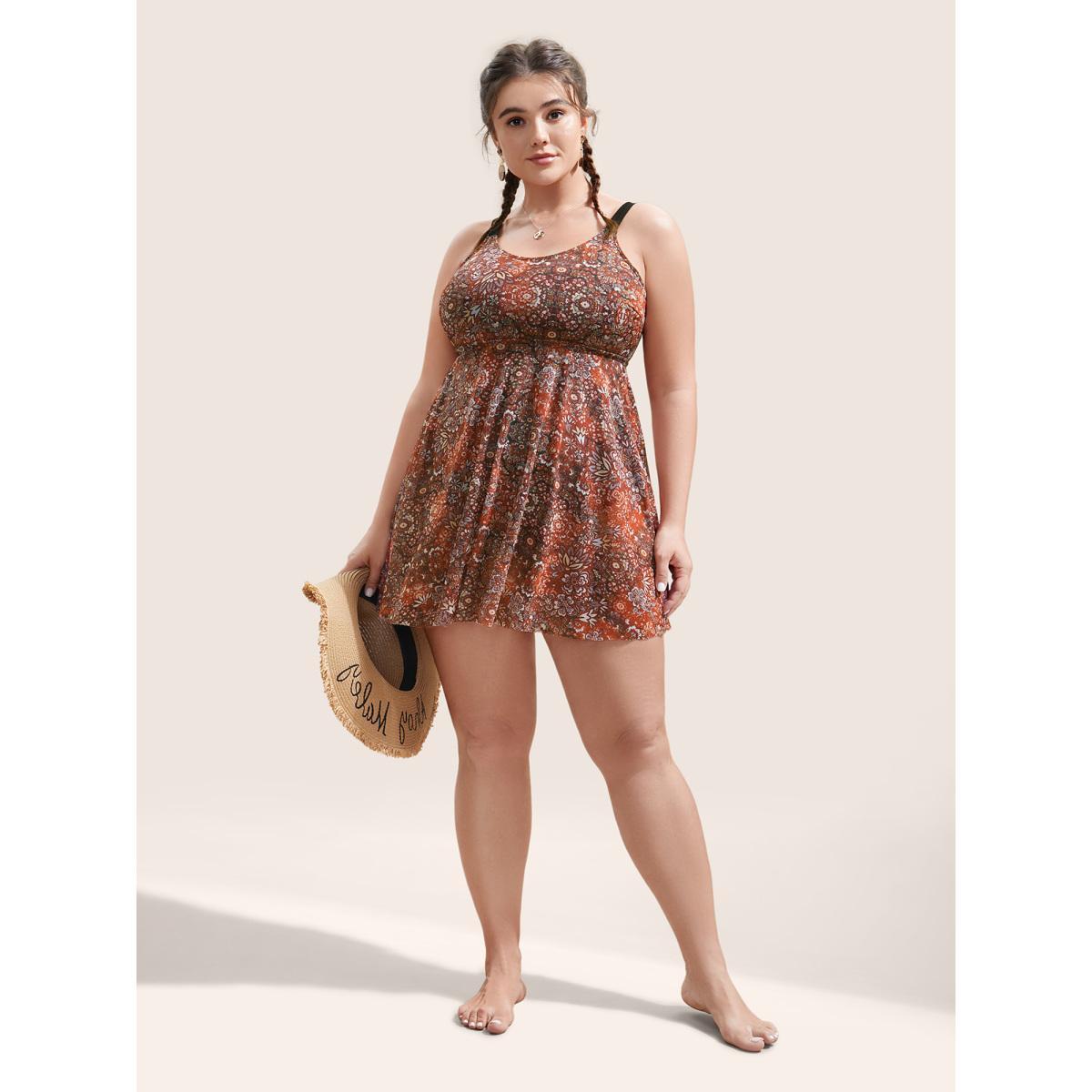 Plus Size Bandana Print Adjustable Straps Mesh Swim Dress Women's Swimwear Rust Beach Bodycon U-neck High stretch Curve Swim Dresses BloomChic 28/5X Product Image